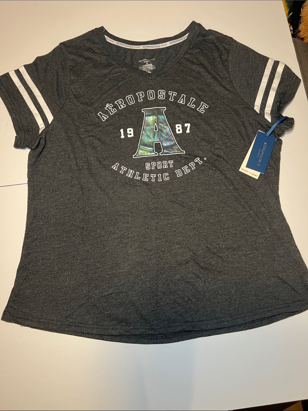 Aeropostale Charcoal Graphic Athletic Tee with Holographic 'A'